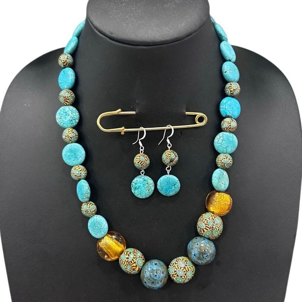 Turquoise Stone Beaded Necklace & Dangle Earrings Jewelry Set Blue Silver-tone